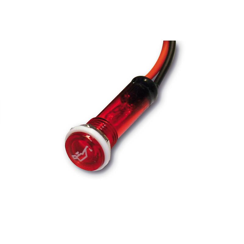 Kontrollleuchte rot, mit Ölsymbol, 12V, Abm. ca. 12x35mm, für 10mm-Bohrung,  Materialstärke ca. 1-6mm, Schraubbefestigung